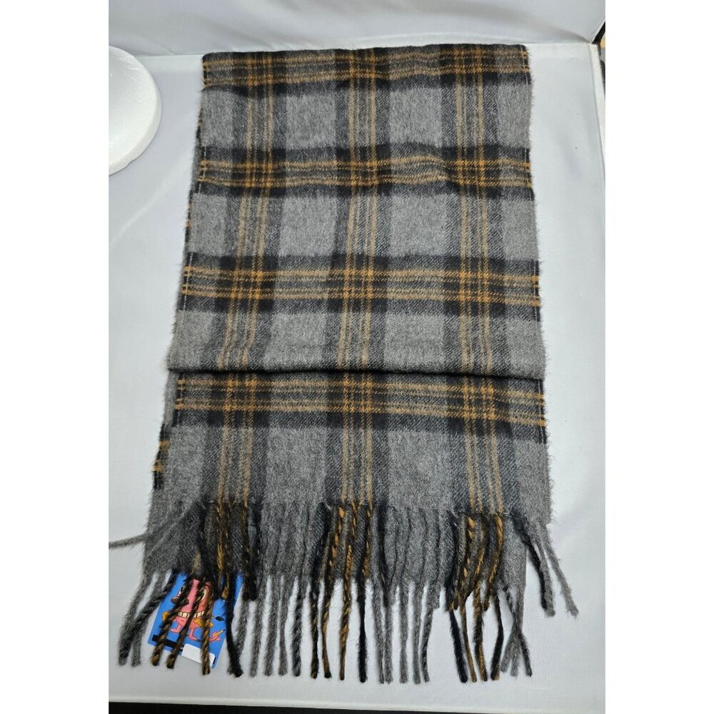 Plaid Gray & Mustard Fringe Scarf